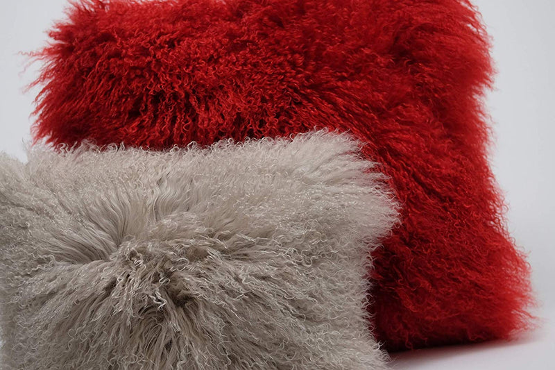 Eclante Mongolian Lamb Fur Red Throw Pillow | 100% Real Mongolian Lamb Fur